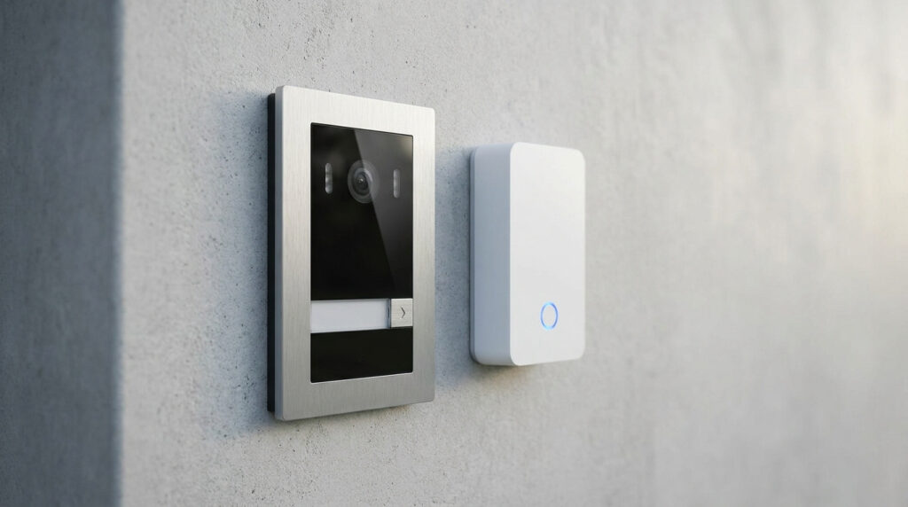 Visiophone en métal brossé et boîtier blanc sur un mur gris, équipement de sécurité pour entrée de maison.