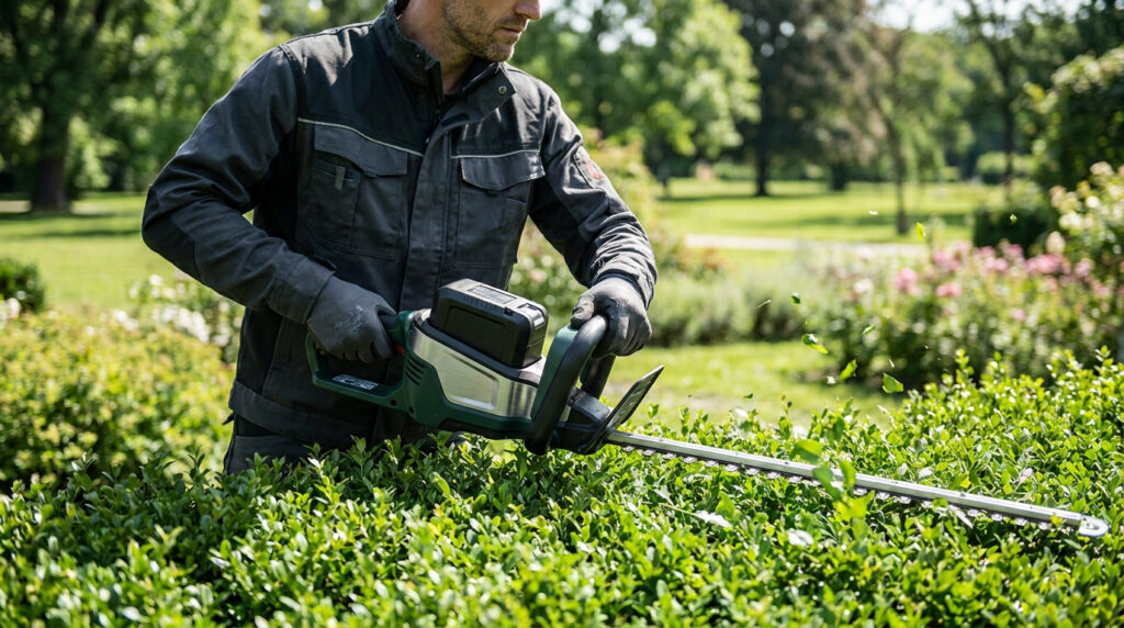 Un professionnel utilisant un taille-haie à batterie sans fil pour tailler une haie dans un jardin ensoleillé.