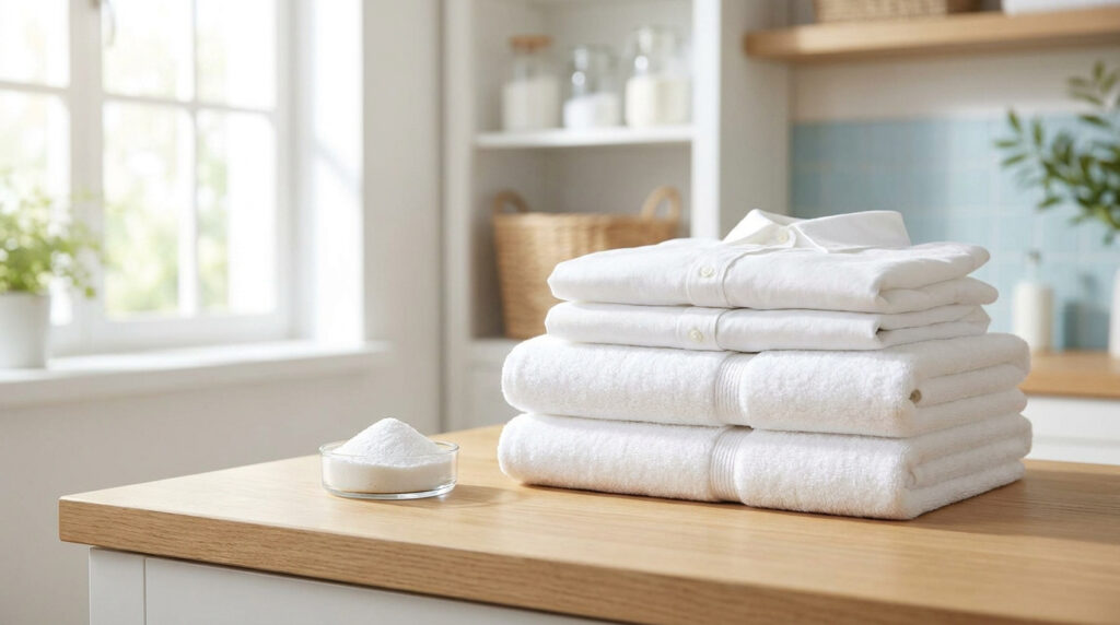 Pile de linge blanc propre à côté d'un petit bol contenant de la poudre de percarbonate de soude sur une table en bois.