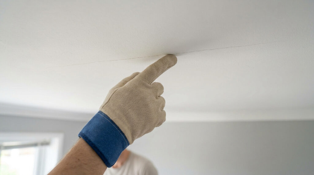 Une main gantée montre une longue fissure horizontale sur un plafond blanc.