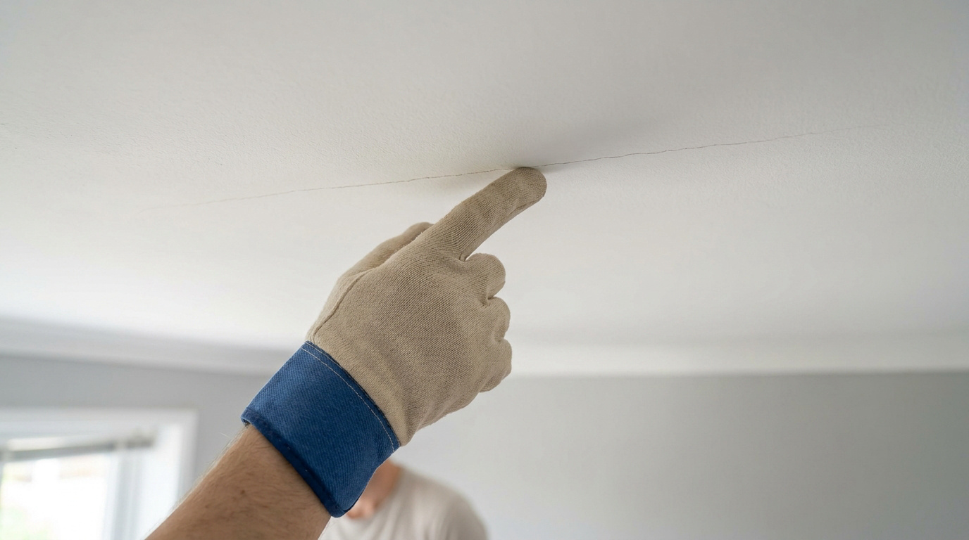 Une main gantée montre une longue fissure horizontale sur un plafond blanc.