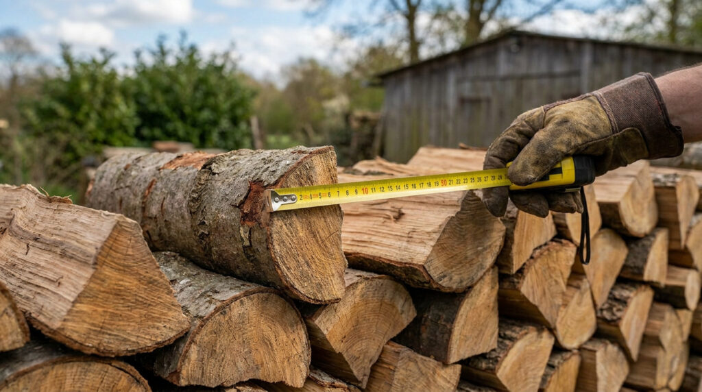 Une main gantée utilisant un mètre ruban pour mesurer la longueur d'une bûche de bois empilée.