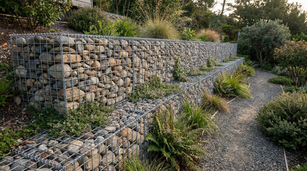 Mur de soutènement en gabions rempli de galets le long d'un sentier de jardin arboré.