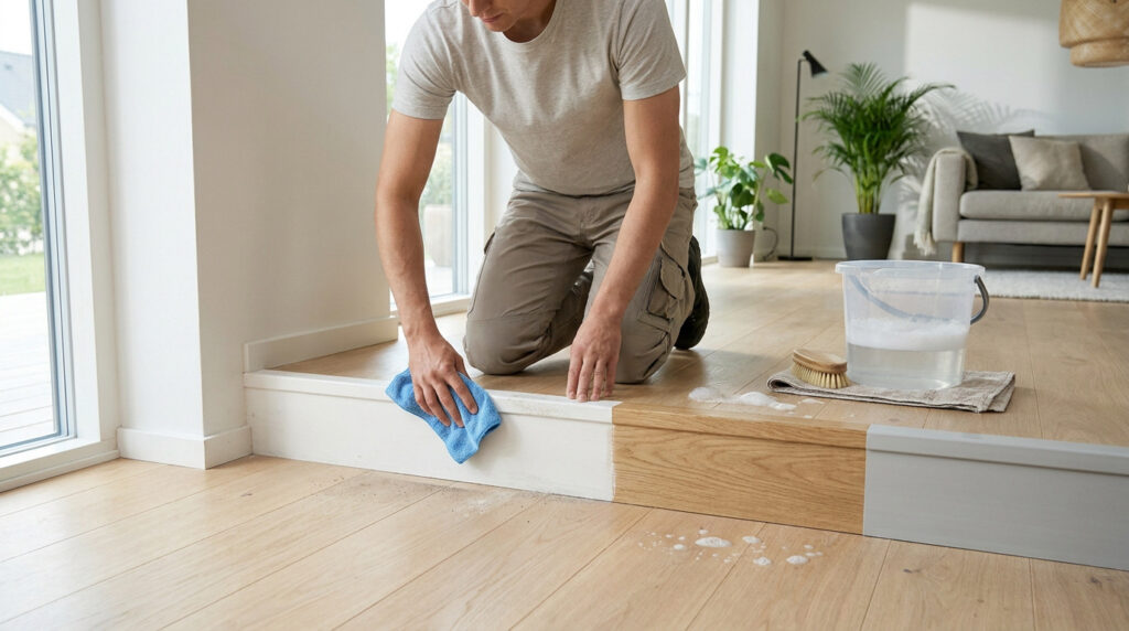 Un homme agenouillé nettoie des plinthes de différents matériaux avec un chiffon bleu dans un salon lumineux.