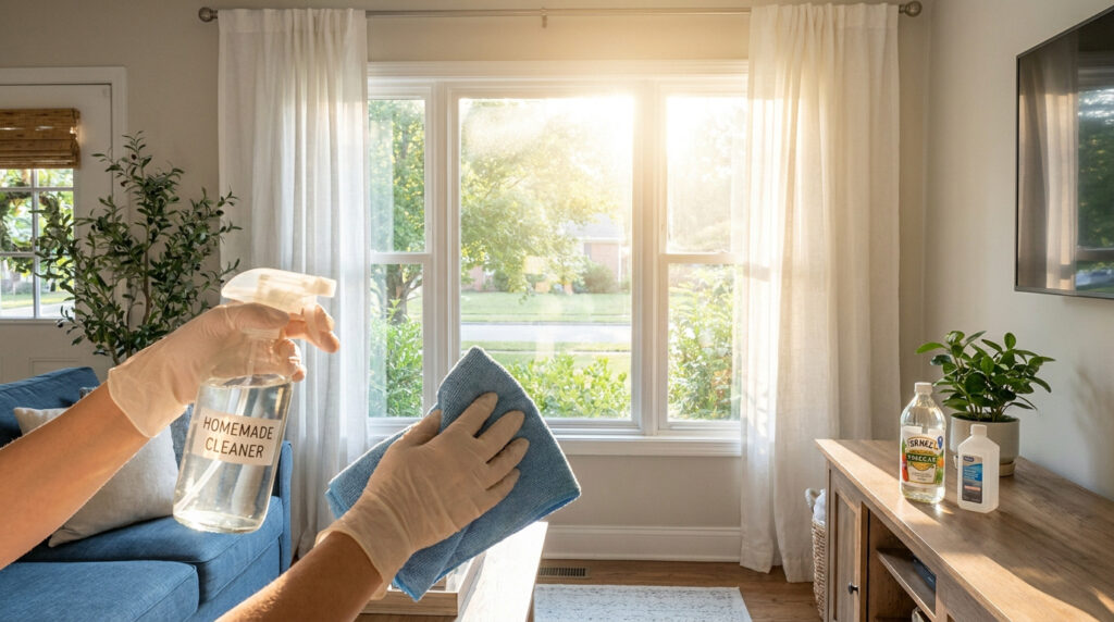 Une personne nettoie une vitre lumineuse avec un spray maison et un chiffon bleu dans un salon ensoleillé.