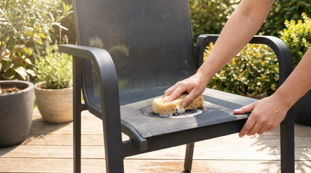 Une personne nettoie l'assise en textilène d'une chaise de jardin noire avec une éponge savonneuse sur une terrasse.