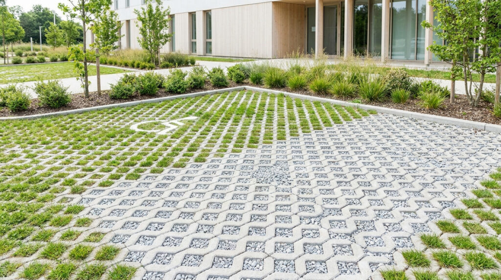Parking perméable en dalles béton avec gazon et graviers devant un bâtiment moderne.