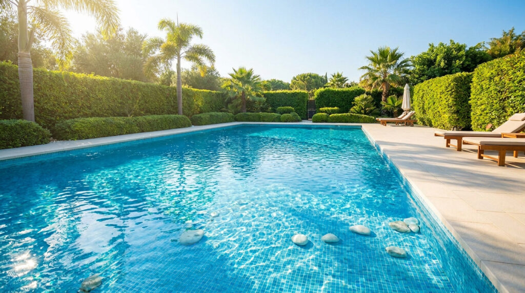 Piscine ensoleillée bordée de haies, de palmiers et de chaises longues.