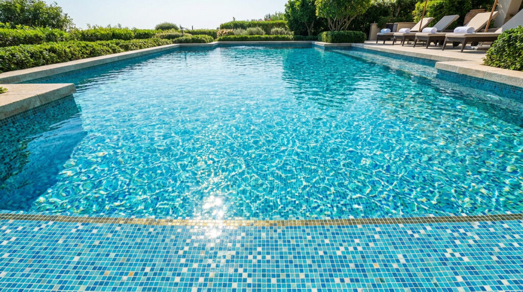 Une magnifique piscine extérieure à l'eau limpide et turquoise, entourée de chaises longues.