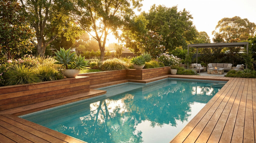 Piscine semi-enterrée avec terrasse en bois, plantes en pot et salon de jardin au coucher du soleil.