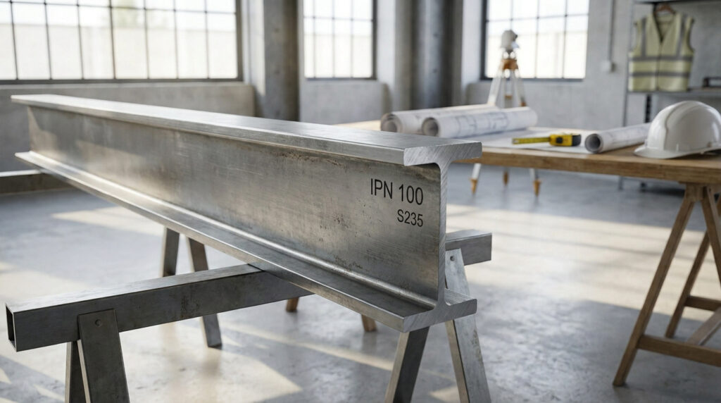 Une poutrelle métallique IPN 100 posée sur des tréteaux dans un atelier de construction avec des plans en arrière-plan.