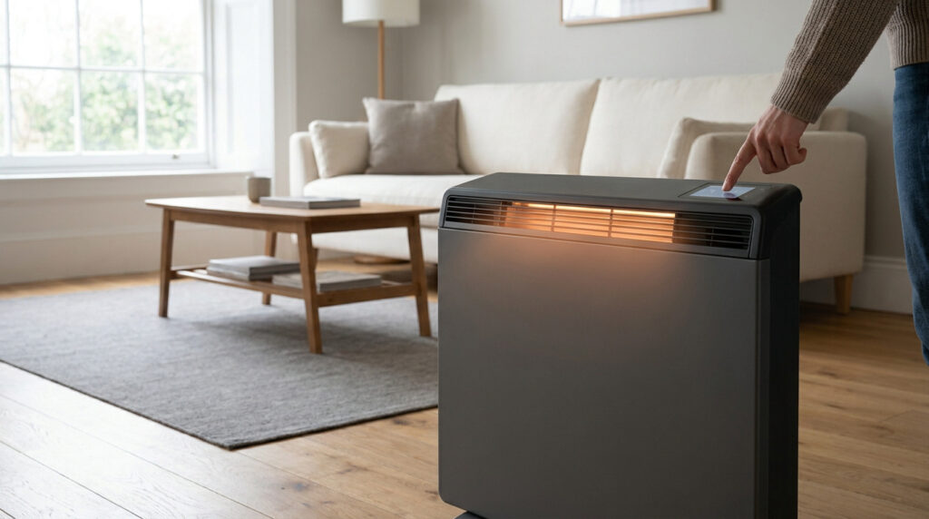 Une personne ajuste les réglages d'un radiateur électrique gris moderne dans un salon confortable.