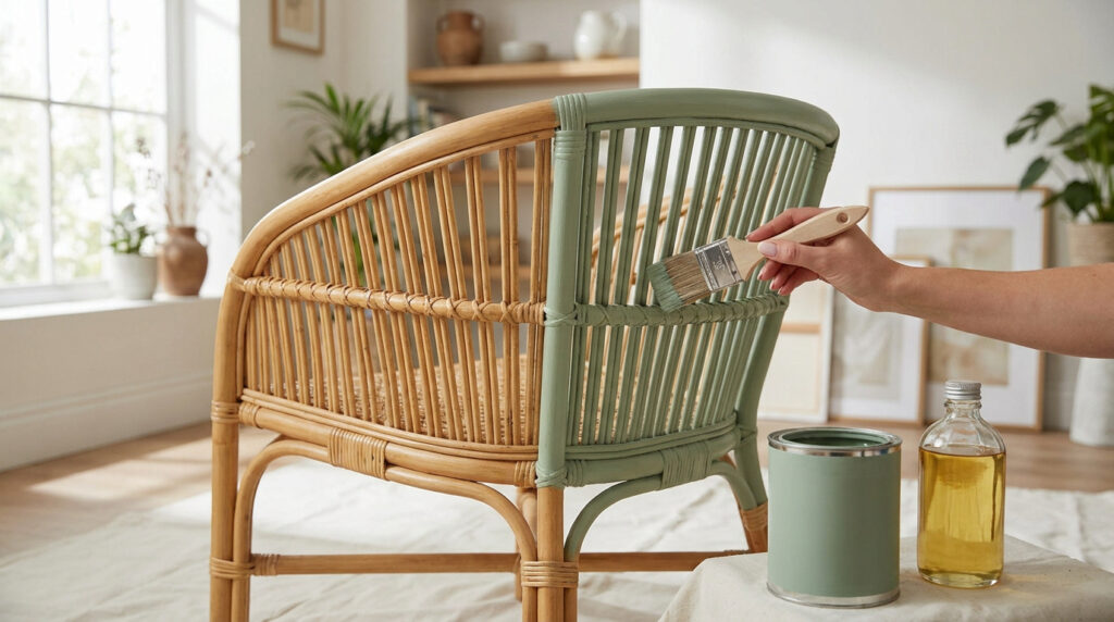 Une main peint un fauteuil en rotin naturel en vert sauge à l'aide d'un pinceau dans un salon lumineux.