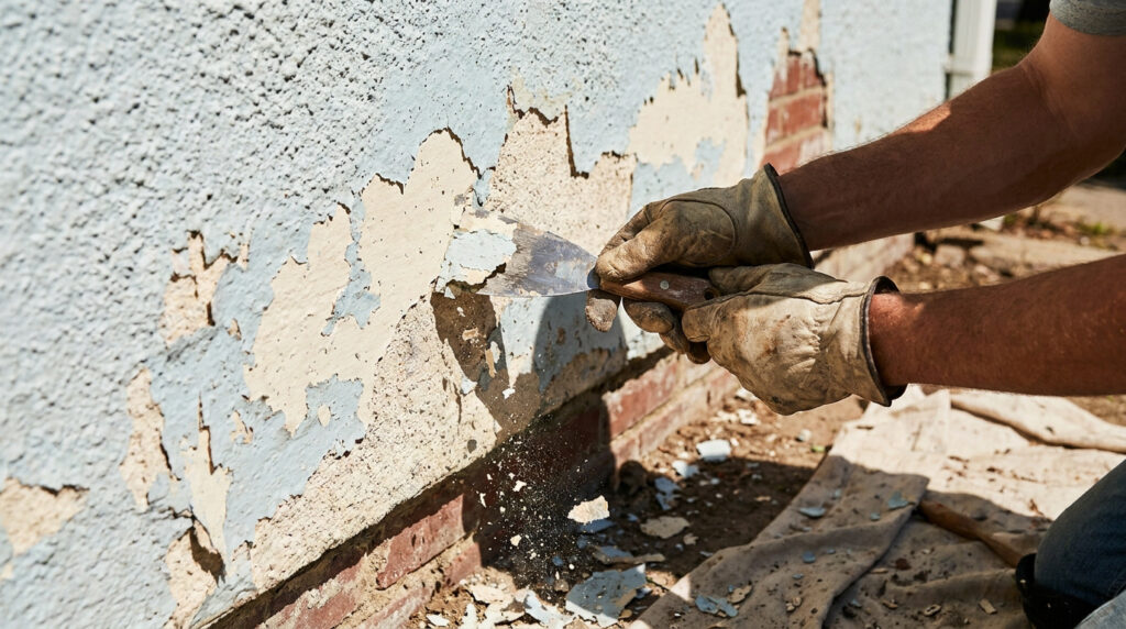 Un ouvrier gratte la peinture écaillée d'un mur extérieur en brique avec une spatule métallique.