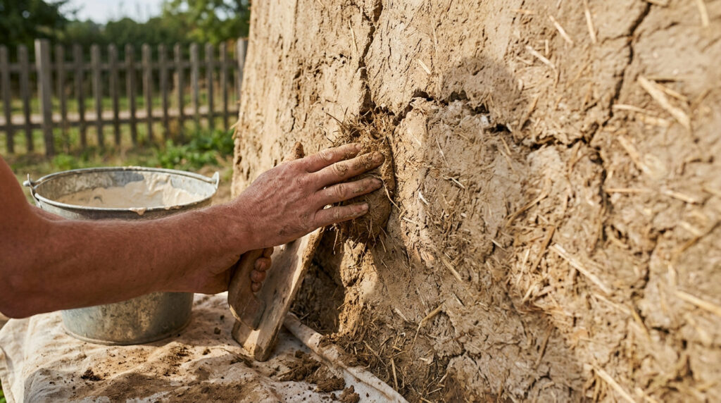 Gros plan sur une main appliquant de l'argile et de la paille sur un mur en torchis abîmé.