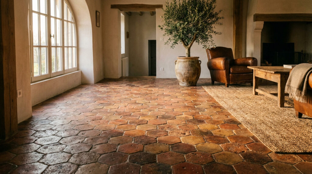 Salon rustique avec un sol en tomettes hexagonales en terre cuite de récupération et une grande plante en pot.