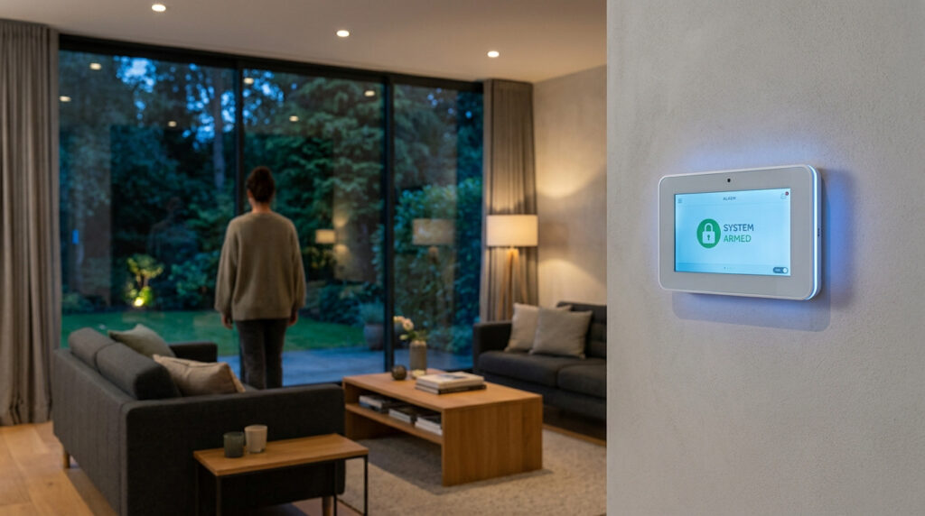 Panneau de contrôle d'alarme affichant "System Armed" dans un salon moderne et chaleureux en soirée.