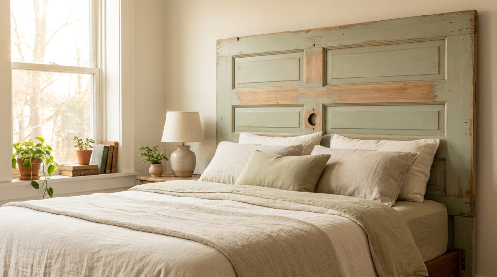 Chambre avec une tête de lit créée à partir d'une vieille porte en bois peint en vert pâle patiné.