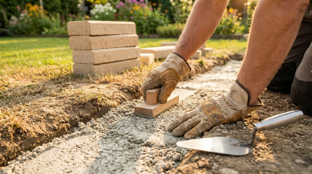 Ouvrier utilisant une taloche pour niveler une base de béton maigre pour la pose de bordures de jardin.