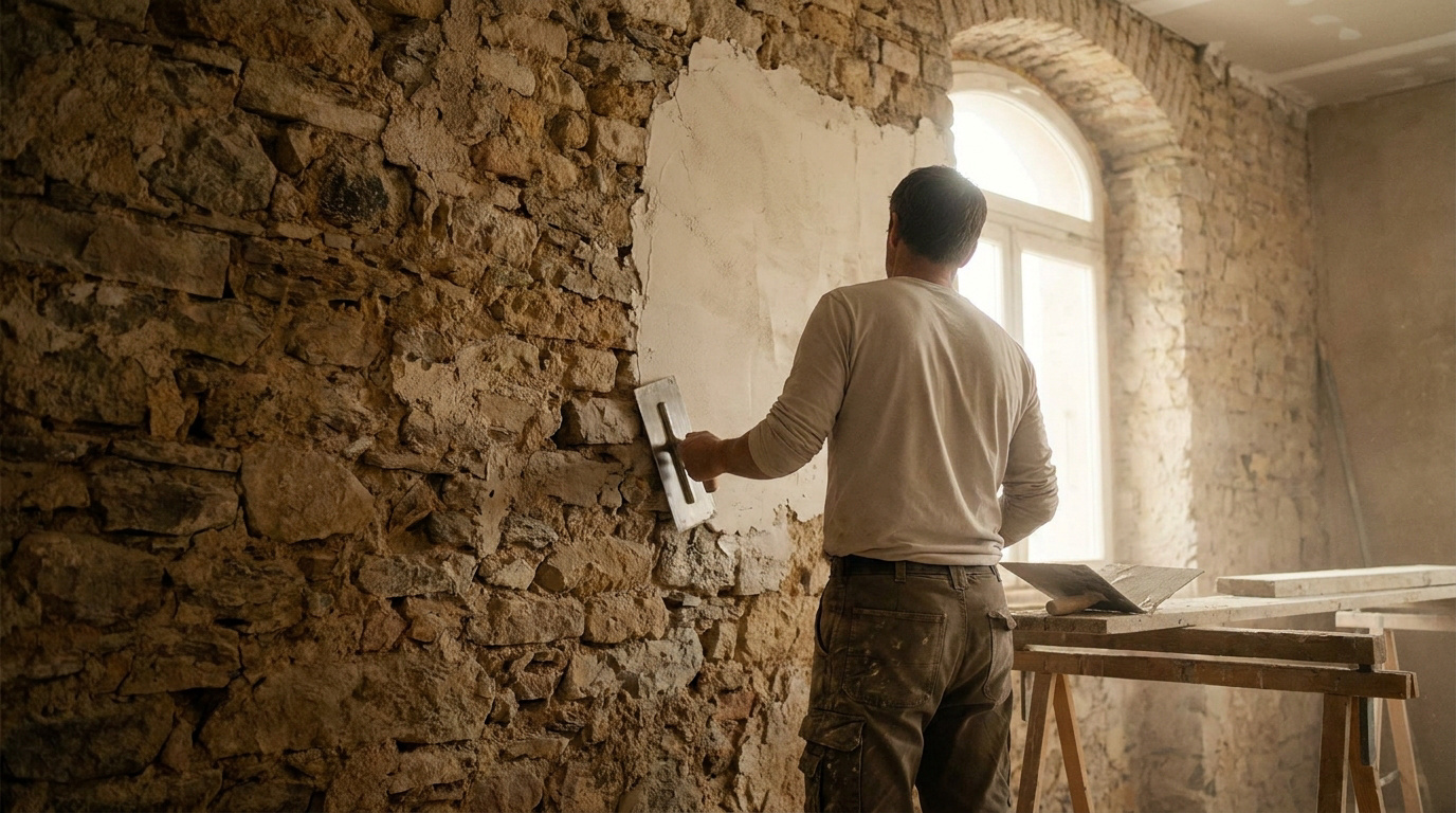 Un artisan applique un enduit à la chaux sur un vieux mur en pierre à l'aide d'une lisseuse.