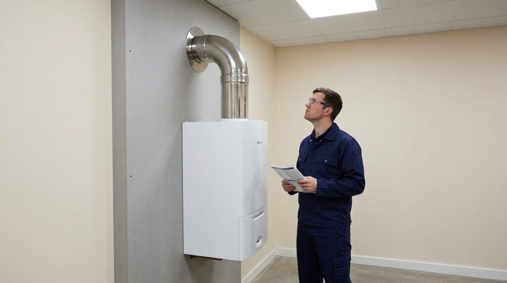 Un technicien en tenue de travail inspecte le raccordement d'une chaudière murale à gaz vers un conduit d'évacuation.