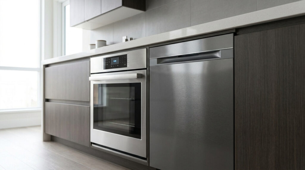 Four encastrable en acier inoxydable situé juste à côté d'un lave-vaisselle dans une cuisine moderne.