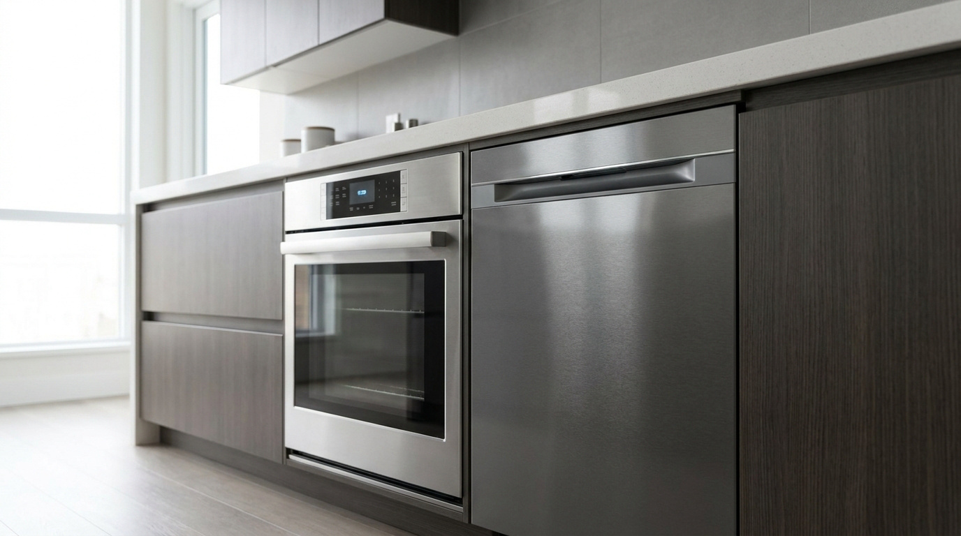 Four encastrable en acier inoxydable situé juste à côté d'un lave-vaisselle dans une cuisine moderne.