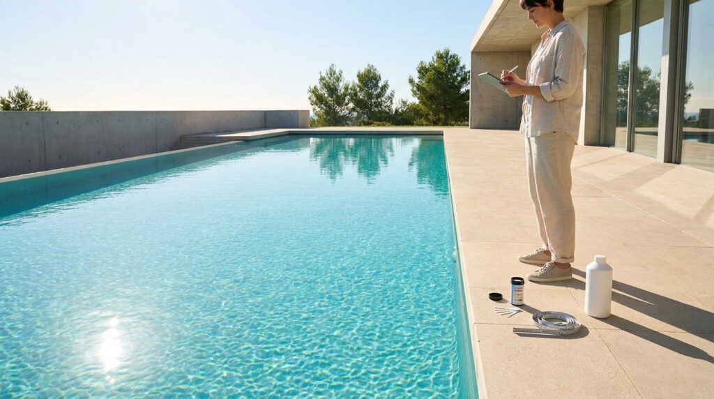 Une personne prend des notes au bord d'une piscine avec des outils de mesure et de test d'eau posés au sol.