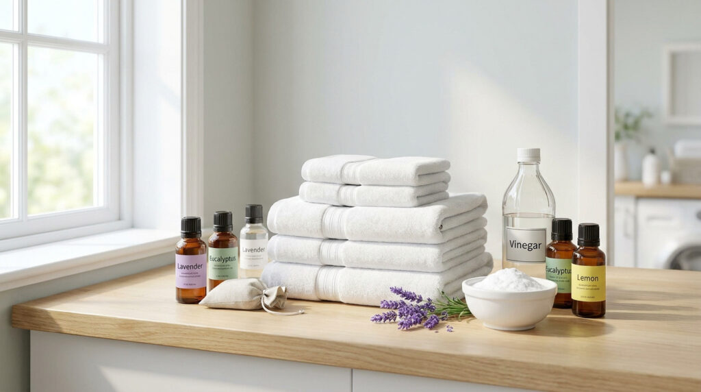 Pile de serviettes blanches avec des huiles essentielles, du vinaigre et du bicarbonate de soude sur une table en bois.