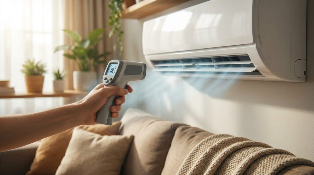 Une main utilisant un thermomètre infrarouge pour mesurer la température de l'air sortant d'un climatiseur mural blanc.