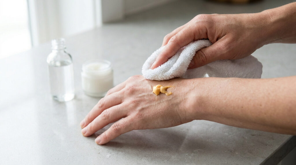 Gros plan sur des mains nettoyant une tache de mousse expansive collante à l'aide d'un chiffon blanc et de produits.