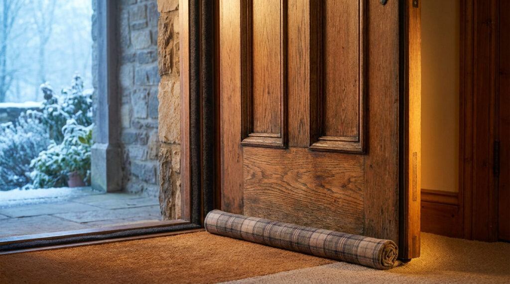 Boudin de porte en tissu à carreaux au pied d'une porte en bois avec un jardin enneigé en arrière-plan.