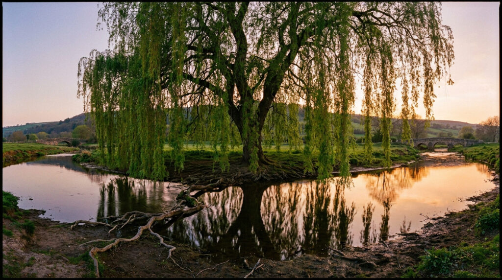 Un grand saule pleureur sur la rive d'une rivière au coucher du soleil, avec ses branches pendantes touchant l'eau.