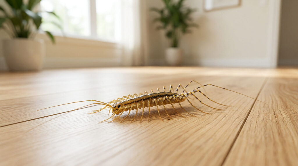 Une scutigère véloce avec ses nombreuses longues pattes se déplace sur un parquet en bois dans un intérieur lumineux.