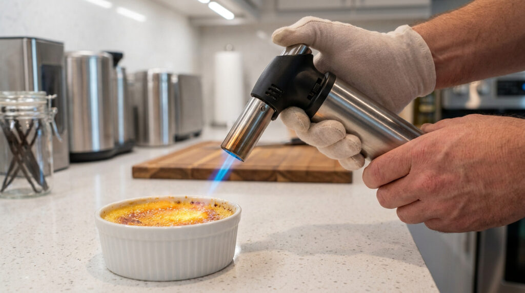 Une main gantée utilisant un chalumeau de cuisine pour caraméliser le sucre sur une crème brûlée dans une cuisine.