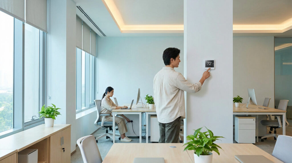 Un employé règle un thermostat intelligent dans un bureau moderne et lumineux.