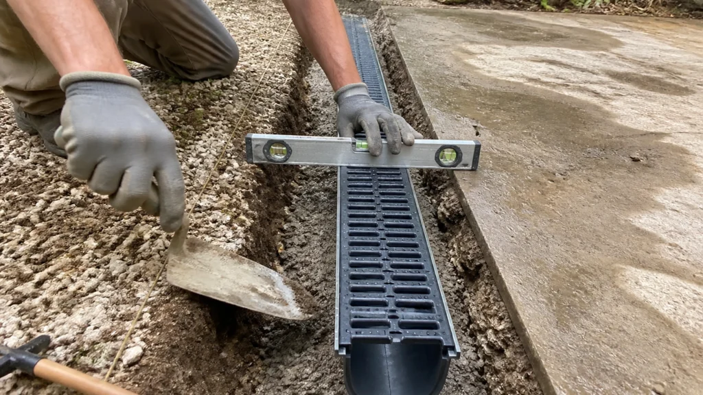 Illustration éditoriale pour l’article « Comment poser un caniveau : réussir son drainage extérieur »