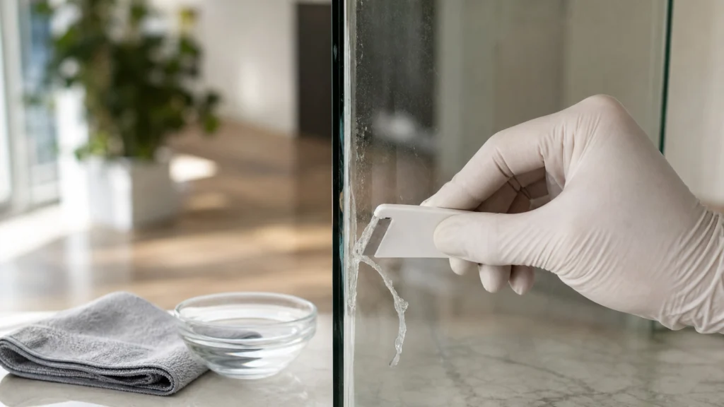 Illustration éditoriale pour l’article « Comment enlever silicone vitre : astuces pour un verre net »