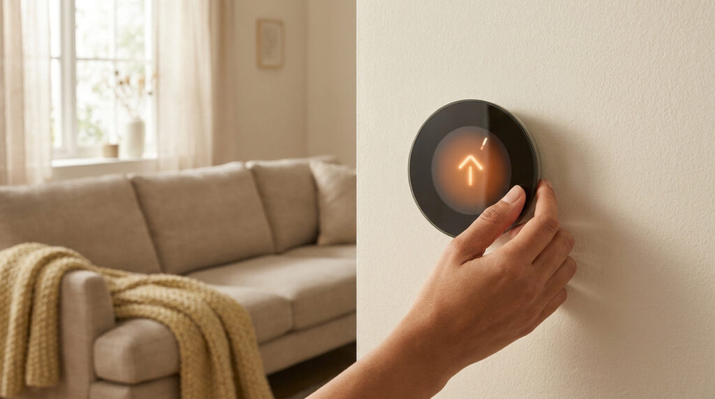 Une main règle un thermostat connecté circulaire affichant une flèche orange sur un mur beige.