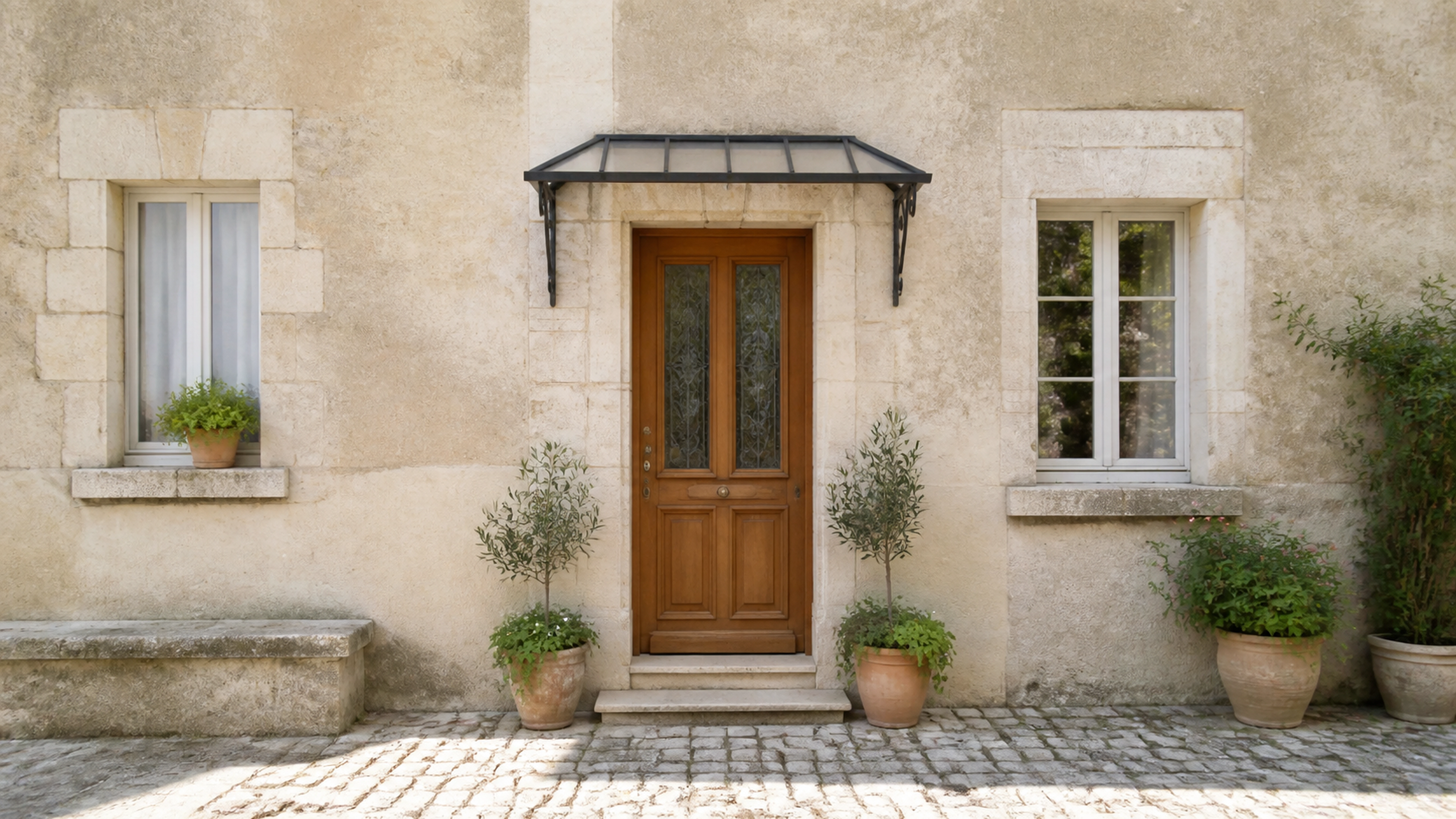 Illustration éditoriale pour l’article « Sublimer votre façade avec un auvent maison ancienne »