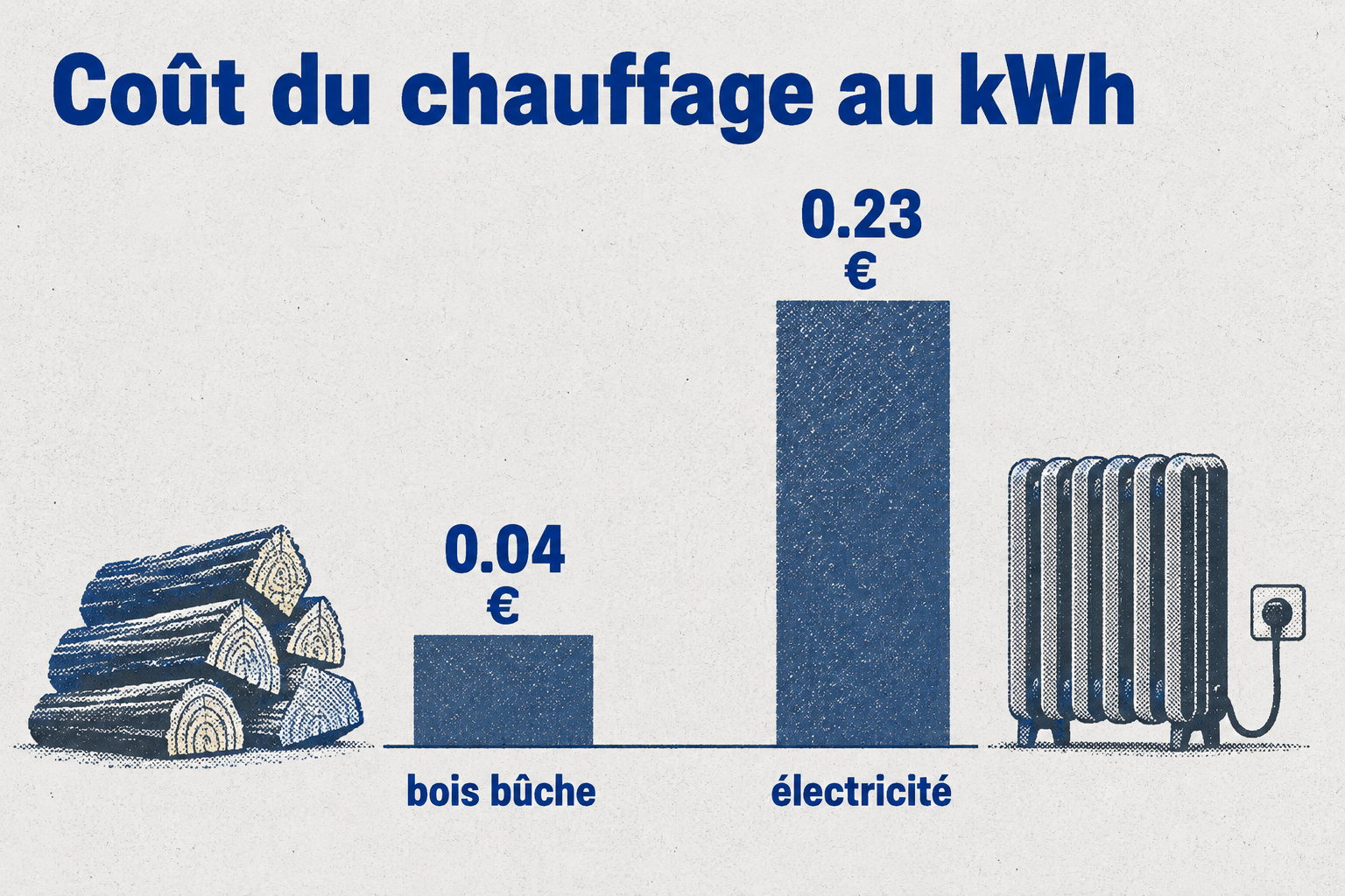 Le coût du chauffage par kWh utile est de 0,04 € pour le bois bûche contre 0,23 € pour l'électricité.