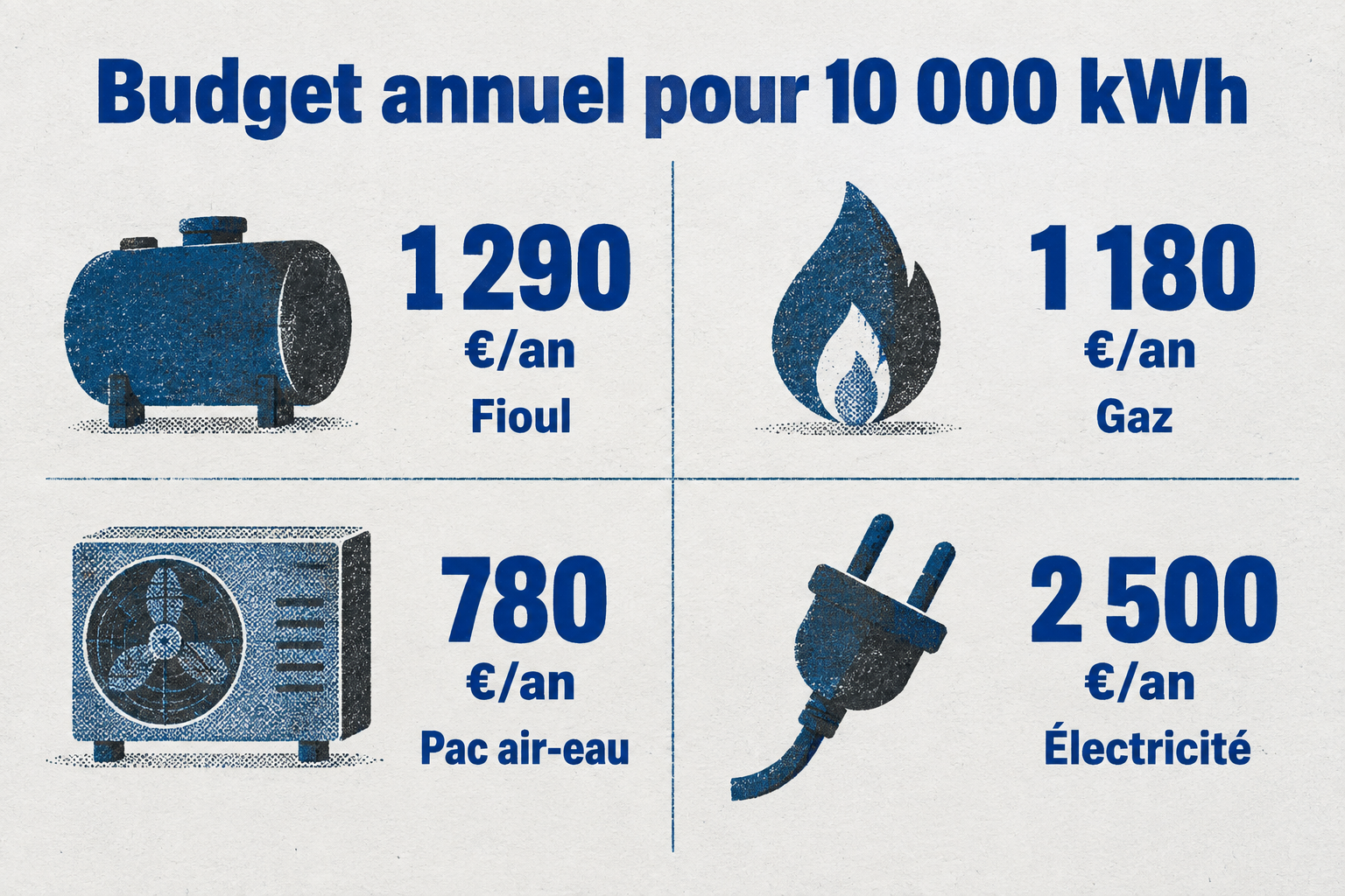 Grille de quatre budgets annuels pour 10 000 kWh : 1 290 € au fioul, 1 180 € au gaz, 780 € avec une pompe à chaleur, 2 500 € à l'électricité directe.