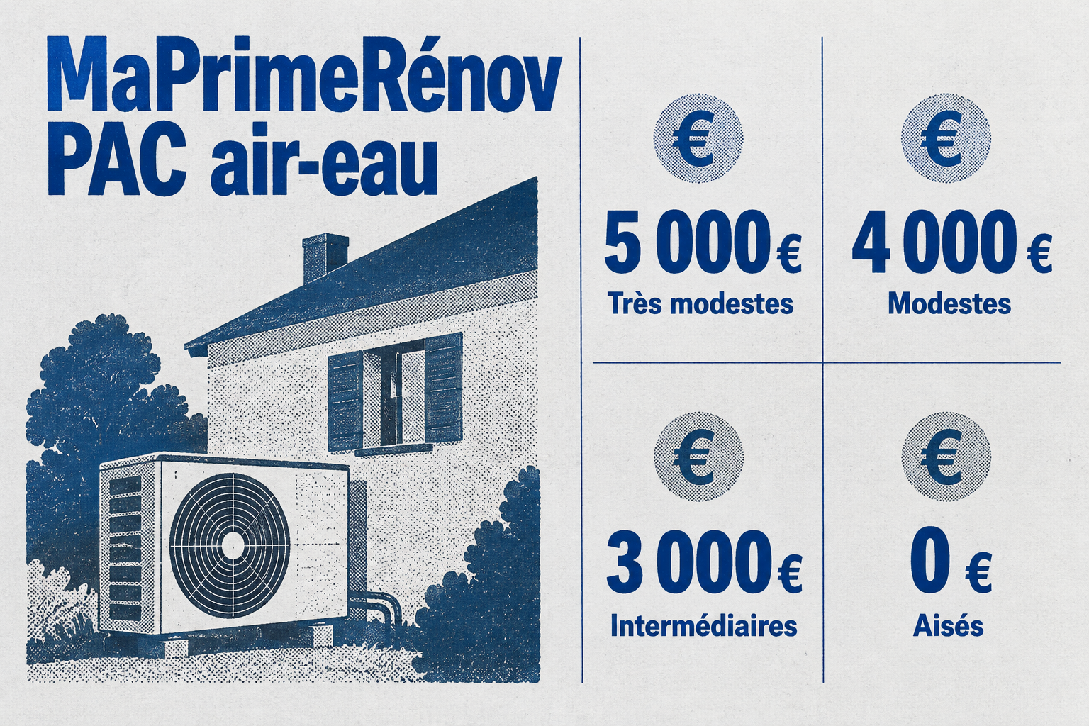 Grille des aides MaPrimeRénov pour une pompe à chaleur air-eau : 5 000 € pour les très modestes, 4 000 € pour les modestes, 3 000 € pour les intermédiaires, 0 € pour les aisés.