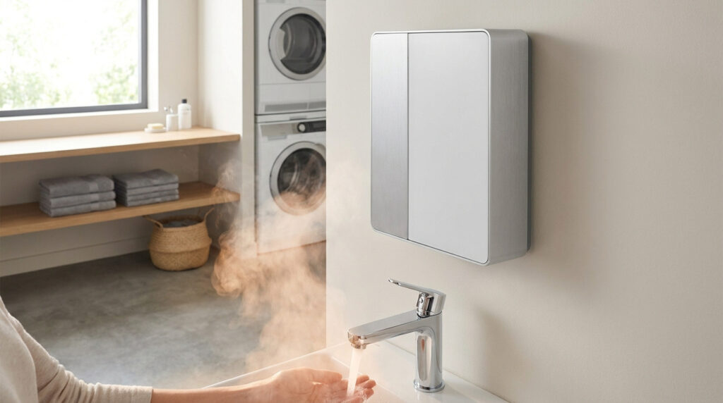 Un chauffe-eau instantané mural au-dessus d'un lavabo avec de l'eau chaude fumante.