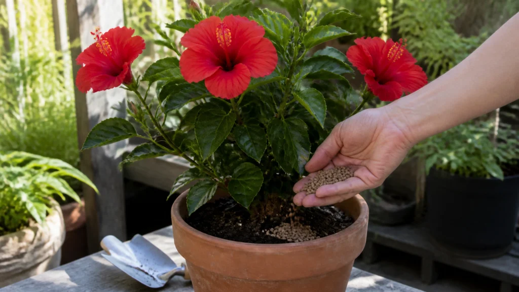 Illustration éditoriale pour l’article « Quel engrais hibiscus choisir pour une floraison réussie »