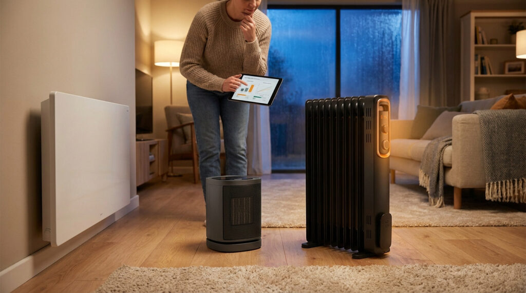 Personne utilisant une tablette pour comparer deux chauffages d'appoint dans un salon moderne.