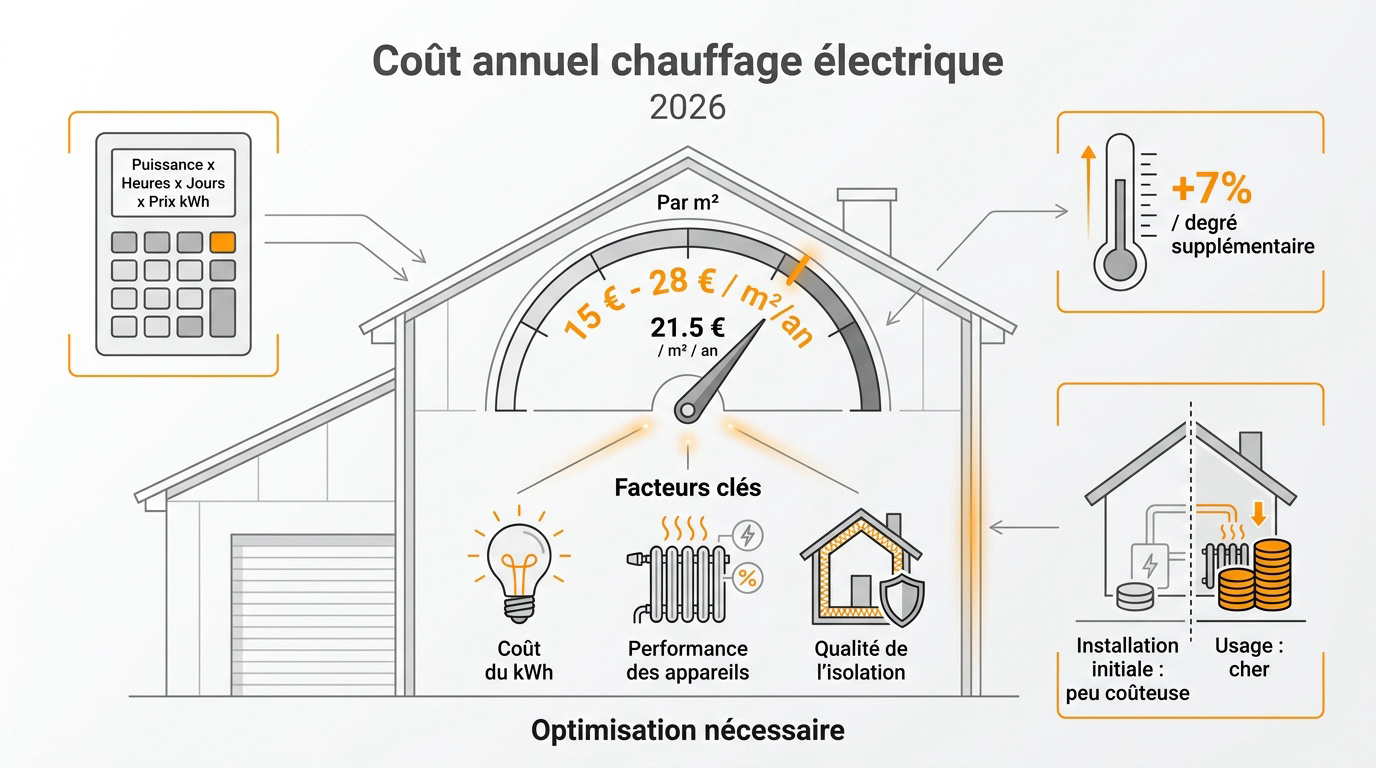 Graphique du coût moyen au m2 du chauffage électrique en 2026 entre 15 et 28 euros