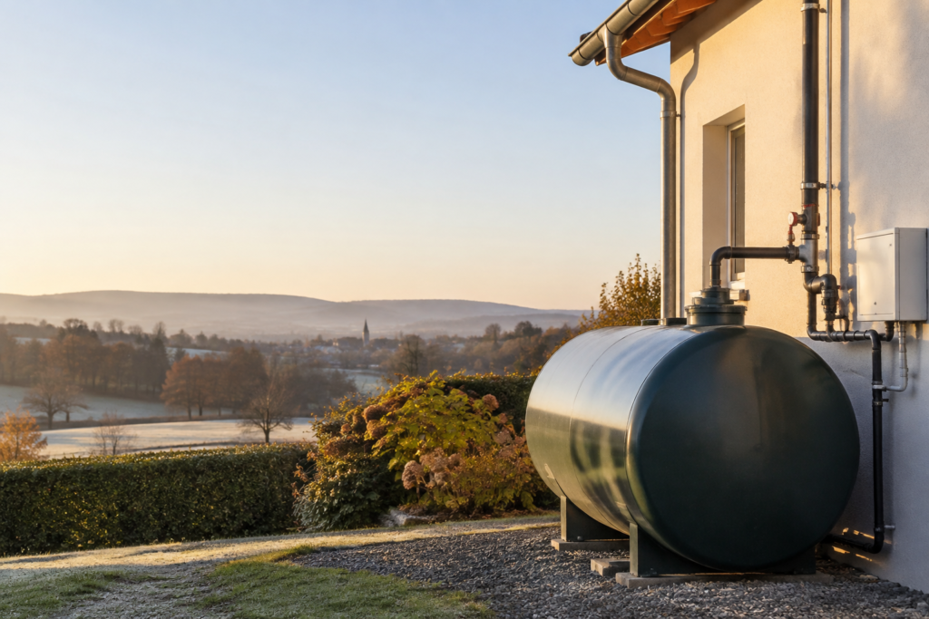 Cuve à fioul domestique installée près d’une maison avec vue sur la campagne.