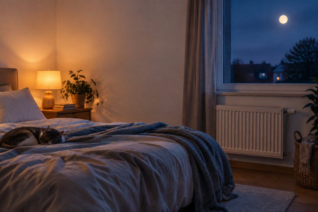 Un chat dort sur un lit douillet dans une chambre chaleureuse, avec un radiateur éteint et une pleine lune à la fenêtre.