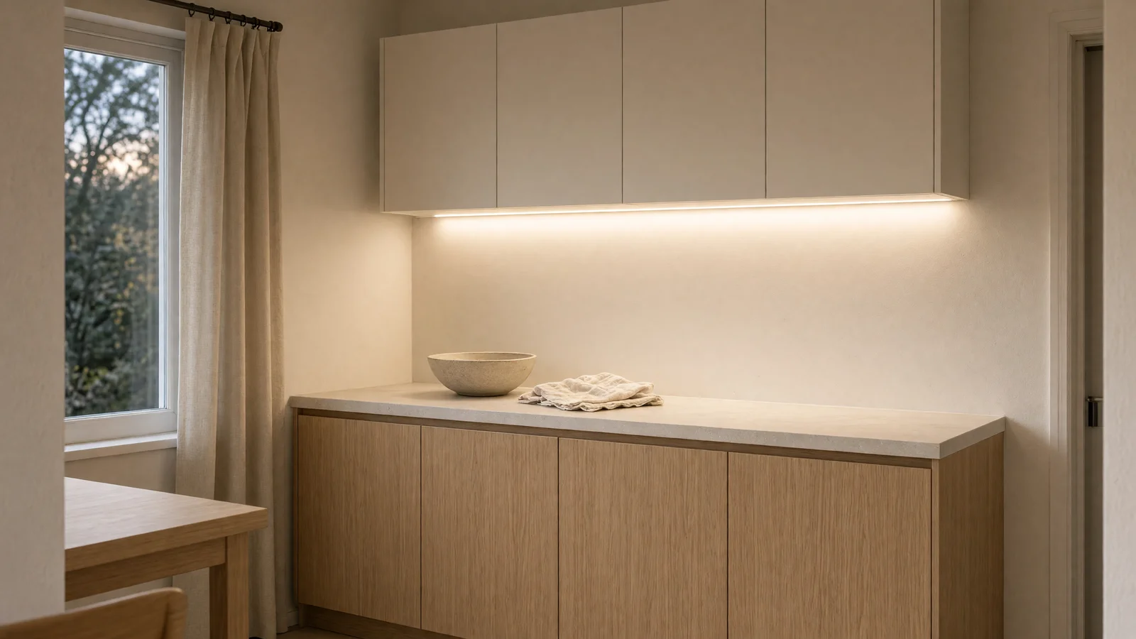 Ruban LED diffusant une lumière chaude sous les meubles hauts de la cuisine